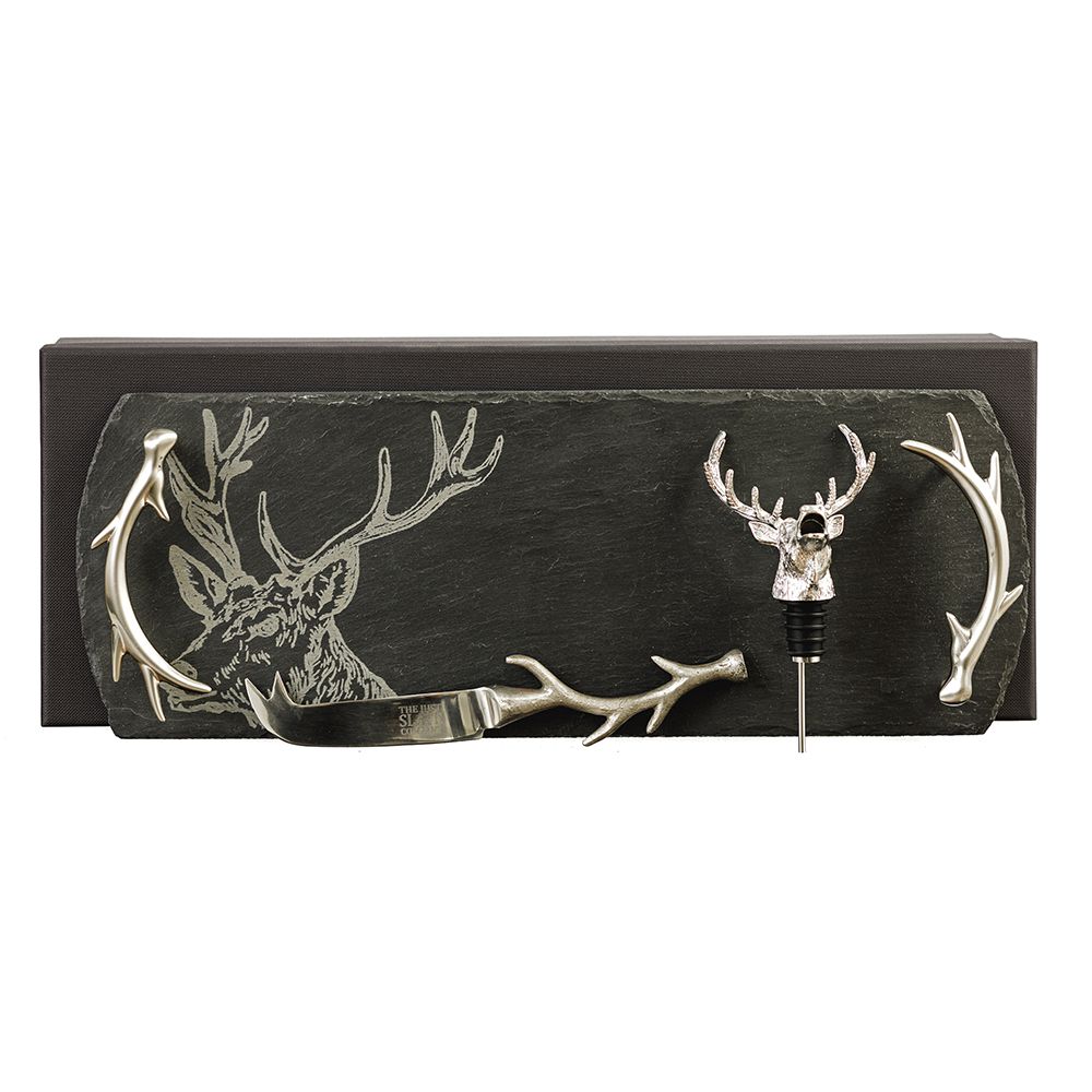 Stag Slate Tray, Cheese Knife and Bottle Pourer Cheese and Wine Gift Set