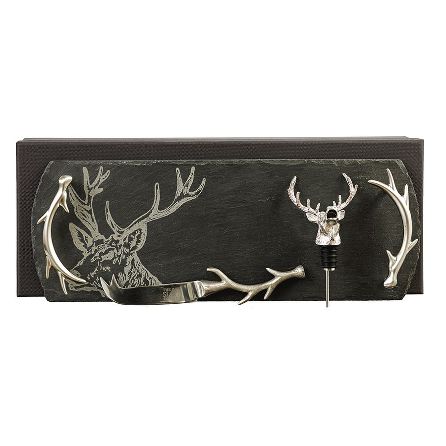 Stag Slate Tray, Cheese Knife and Bottle Pourer Cheese and Wine Gift Set