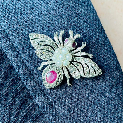 A Vintage Ruby and Pearl Silver Bug Brooch